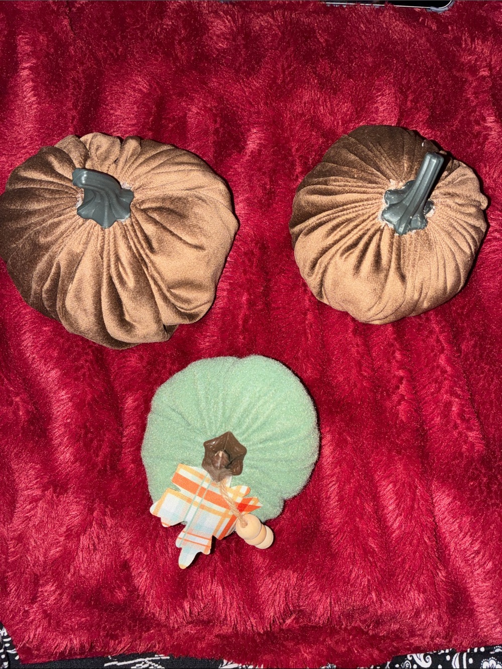 Handmade Set of 3 Pumpkins Brown Velvet & Green Fleece Fall